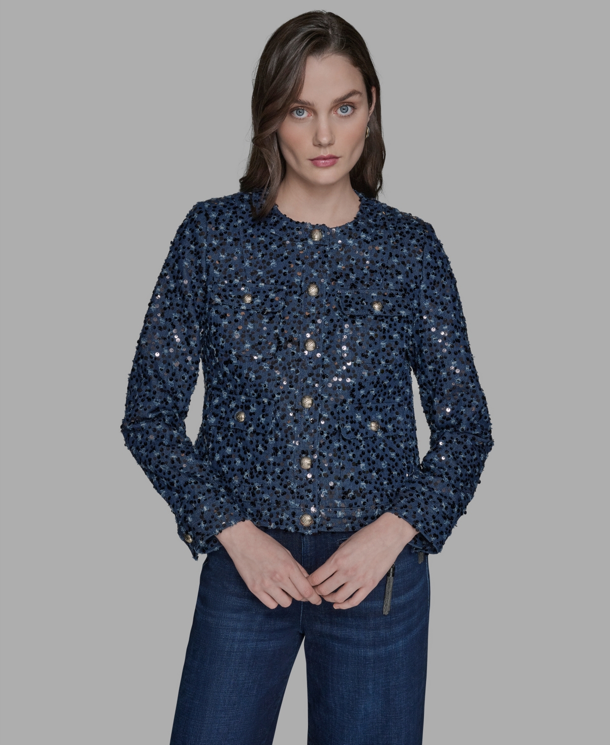 Karl Lagerfeld Collarless Sequin Jacket In Blue