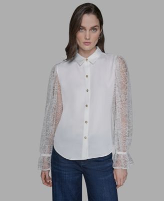 KARL LAGERFELD PARIS - Women's Lace-Sleeve Blouse