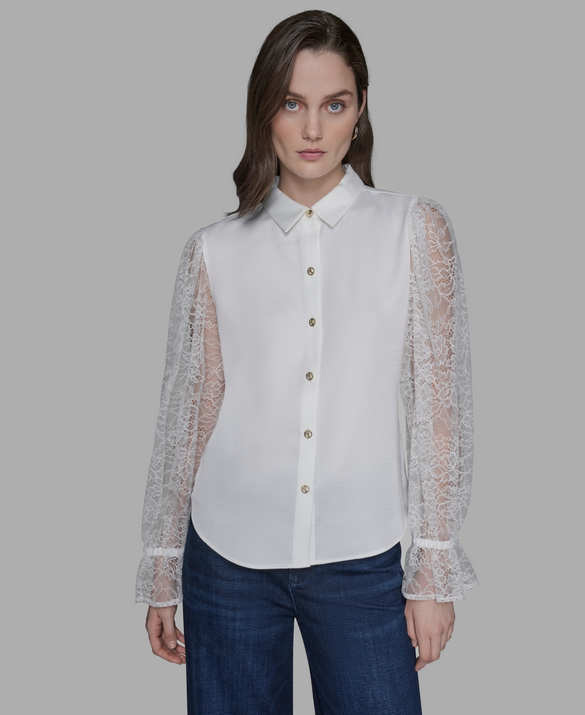 Karl Lagerfeld Women's Lace-sleeve Top In White