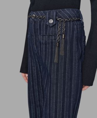 Women's Striped Denim Belted Wide-Leg Pants