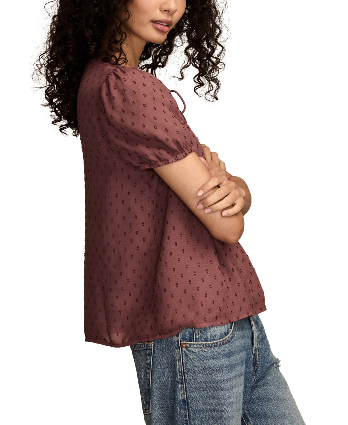 Lucky Brand Clip Dot Short Sleeve Top In Brown