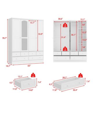 Luxury white 4-door 6-drawer wardrobe with mirror, bedroom Armoire, Closet