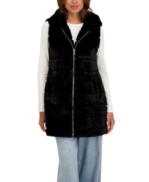 Женские жилеты Sebby Collection Women's Hooded Grooved 3/4 Faux Fur Vest