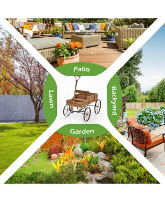 Garden Plant Planter Wooden Wagon Planter W/ Wheel Garden Yard