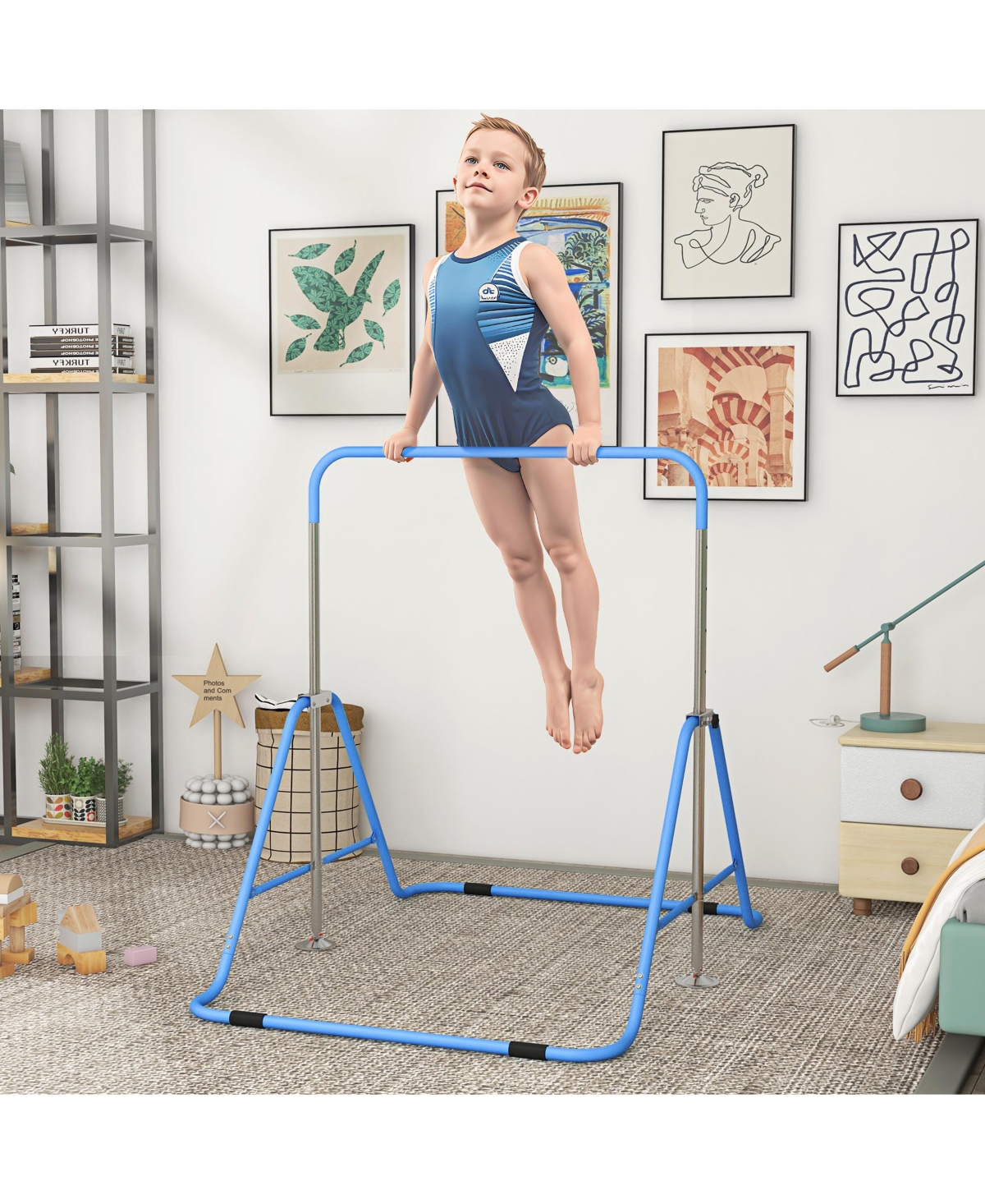 Qaba Folding Gymnastics Bar for Kids, Adjustable Height, Bubble Gum