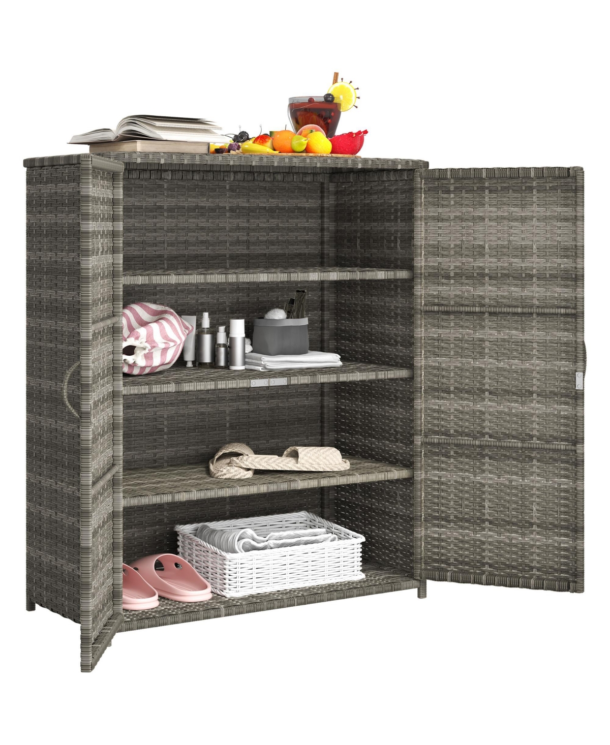 Outsunny Wicker Outdoor Storage Cabinet with Shelves, 2 Doors, Dark