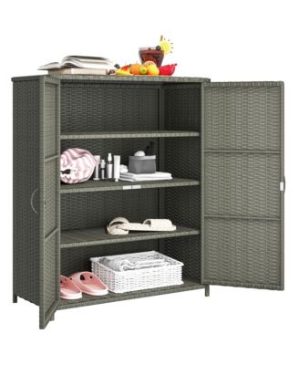Wicker Outdoor Storage Cabinet with Shelves, 2 Doors, Dark