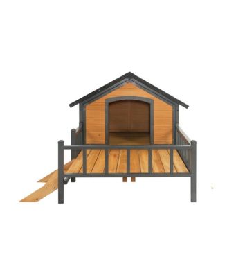 67 in. Wooden Dog House Dog Kennel with All-Around Iron Frame and Porch in Natural