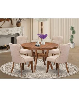 5-Pc Dining Set Of A Pedestal Kitchen Table, 4 Light Tan Fabric Kitchen Chairs