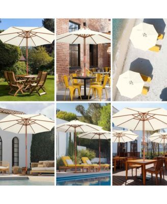 9FT Solid Wooden Outdoor Patio Umbrella Rope Pulley Lift for Deck Pool Backyard Garden Market Beach Parasol,Ivory