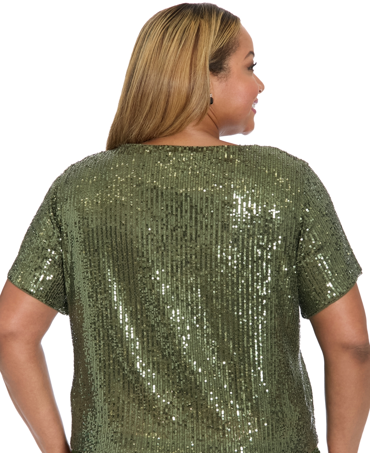 Muse Plus Size Cropped Sequin Short Sleeve T-shirt In Green