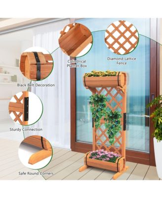 2-Tier Raised Planter Garden Wooden Bed w/ 2 Cylindrical Planter Boxes