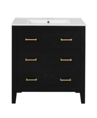 30" Freestanding Vanity With Ceramic Sink Combo and 3 Drawers, Solid Wood Frame