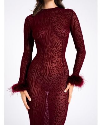Women's Patricia Burgundy Leopard Burnout Velvet Mesh Backless Maxi Dress
