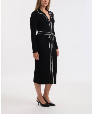 Women’s Button Front Long Dress with Contrast Tipping