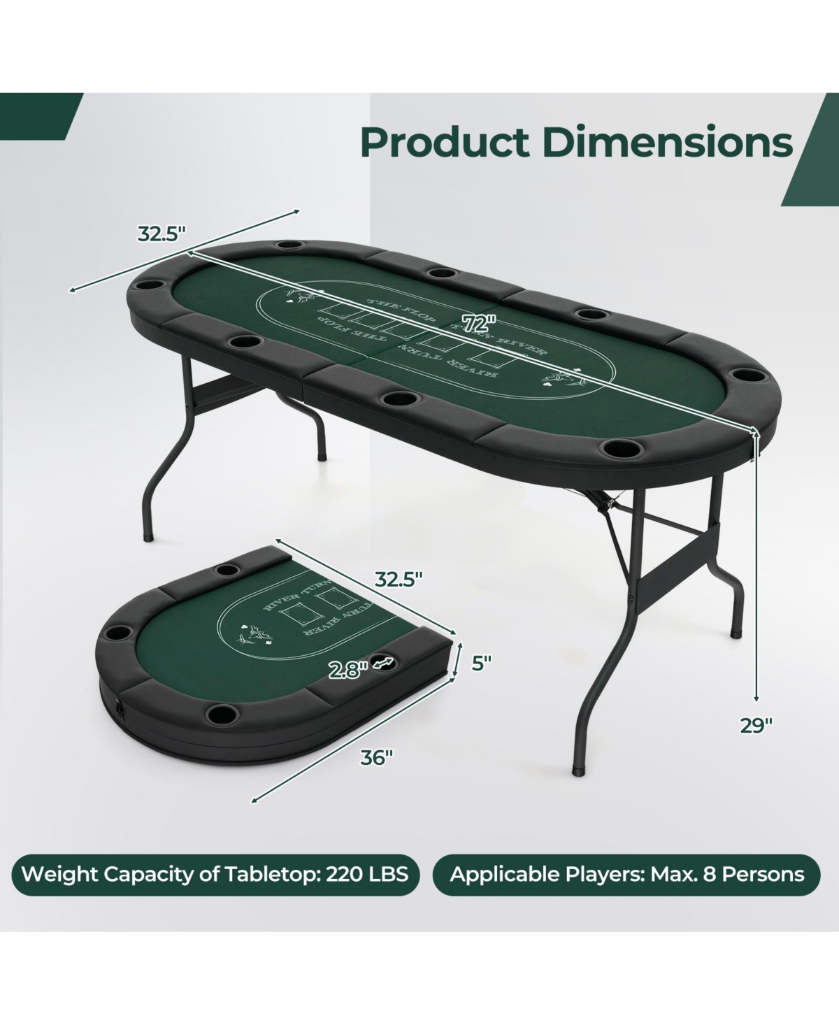 Akiudex 8-Player Foldable Poker Table with Padded Armrests and Metal Cup Holders