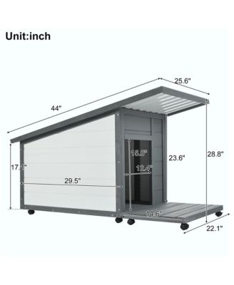 44.1 in. Outdoor Wooden Dog house with Food bowl, 4 swivel wheels in Gray