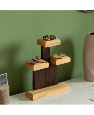3-Tier Wooden Tabletop Jewelry Display Stand Rustic Organizer for Necklace Bracelet Watch Bangle Ring & Earring with a Sturdy Natural Wood Base Ideal for Home Retail or Craft Fair Display
