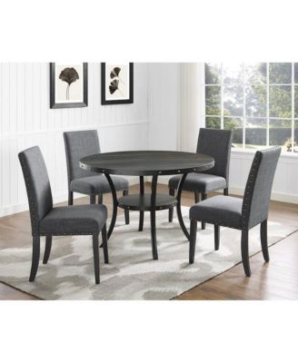 Biony Espresso Wood Dining Set with Gray Fabric Nailhead Chairs, 5-Pc
