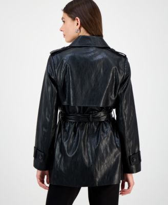 Petite Double-Breasted Faux-Leather Belted Trench Coat