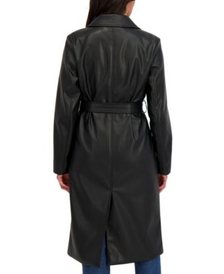 Collection Women's Belted Snap Front Faux Leather Long Trench Coat