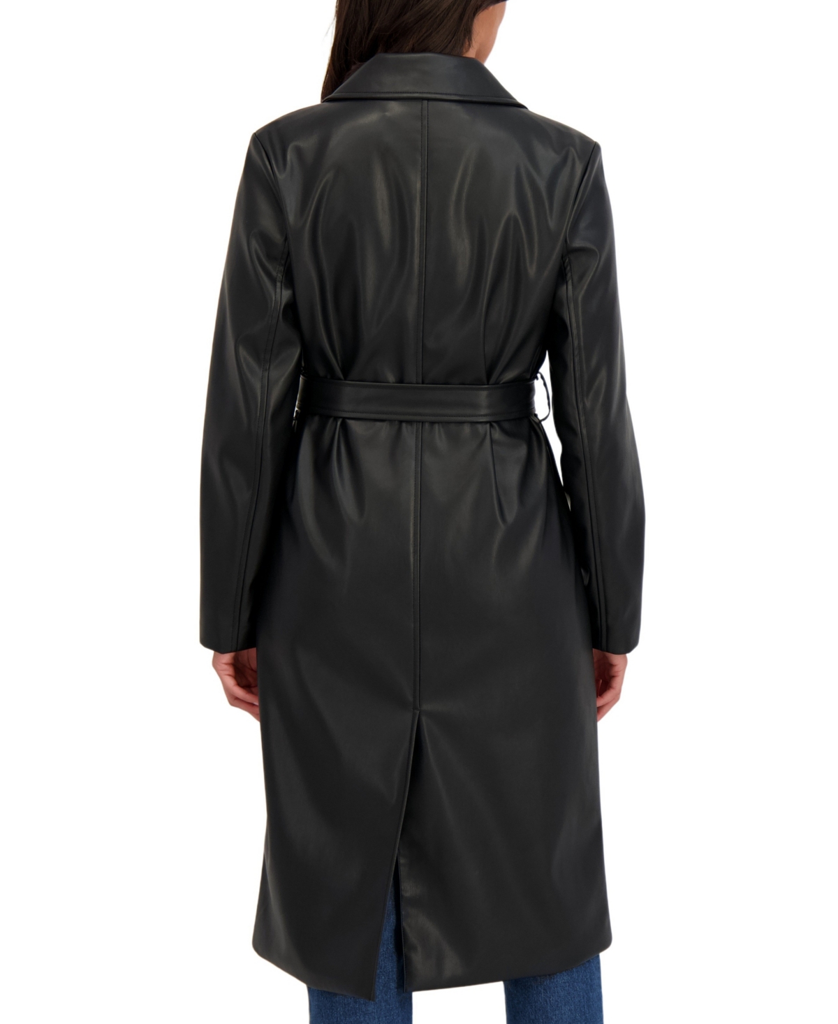 Sebby Collection Women's Belted Snap Front Faux Leather Long Trench Coat In Black