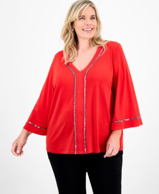Plus Size Embellished V-Neck 3/4-Sleeve Top, Macy's Exclusive