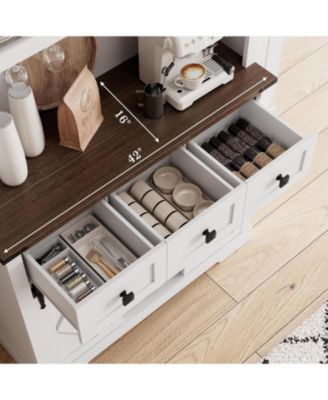 72" Pure White Farmhouse Bar Cabinet with Sliding Barn Door, Kitchen Buffet with Hutch, 3 Drawers, Wine & Glasses Rack