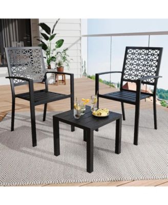3 PCS Black Patio Bistro Set, Outdoor Stackable Steel Chairs & Square Coffee Table for Balcony, Porch, Garden, Lawn