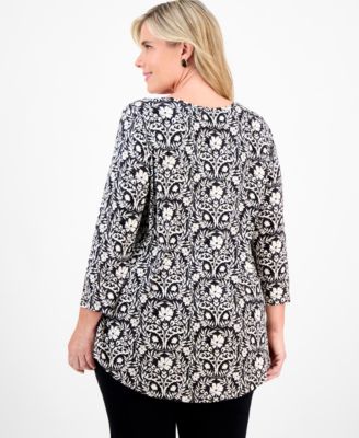 Plus Size Printed 3/4-Sleeve Top, Macy's Exclusive