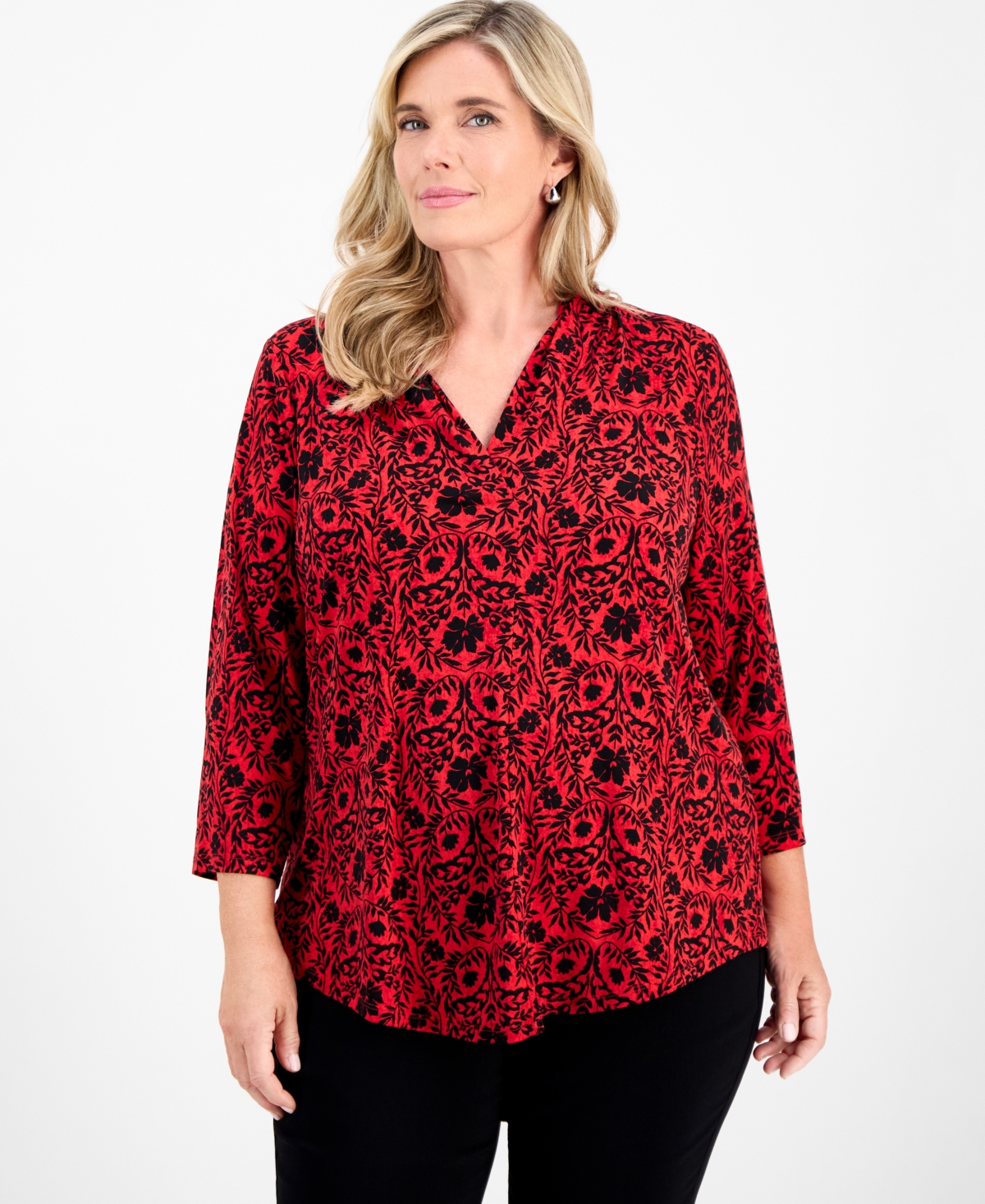 Jm Collection Plus Solid V-Neck 3/4-Sleeve Top, Exclusively at Macy's