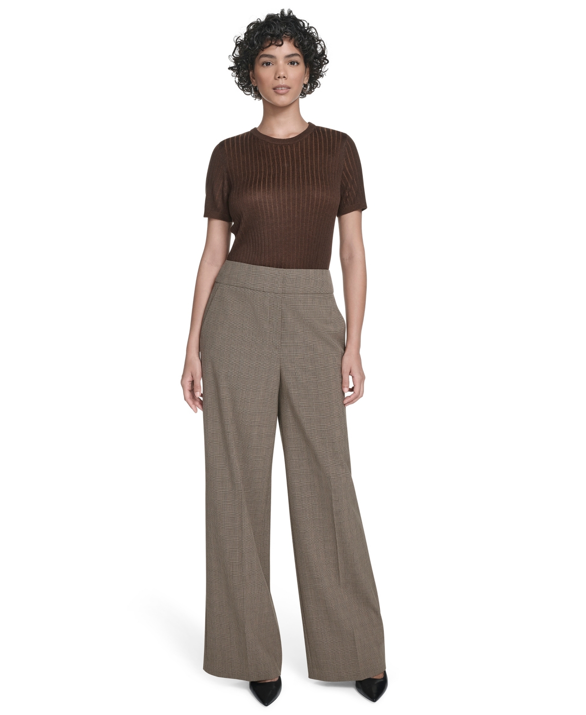 Calvin Klein Petite Mid-rise Wide Leg Pants In Brown