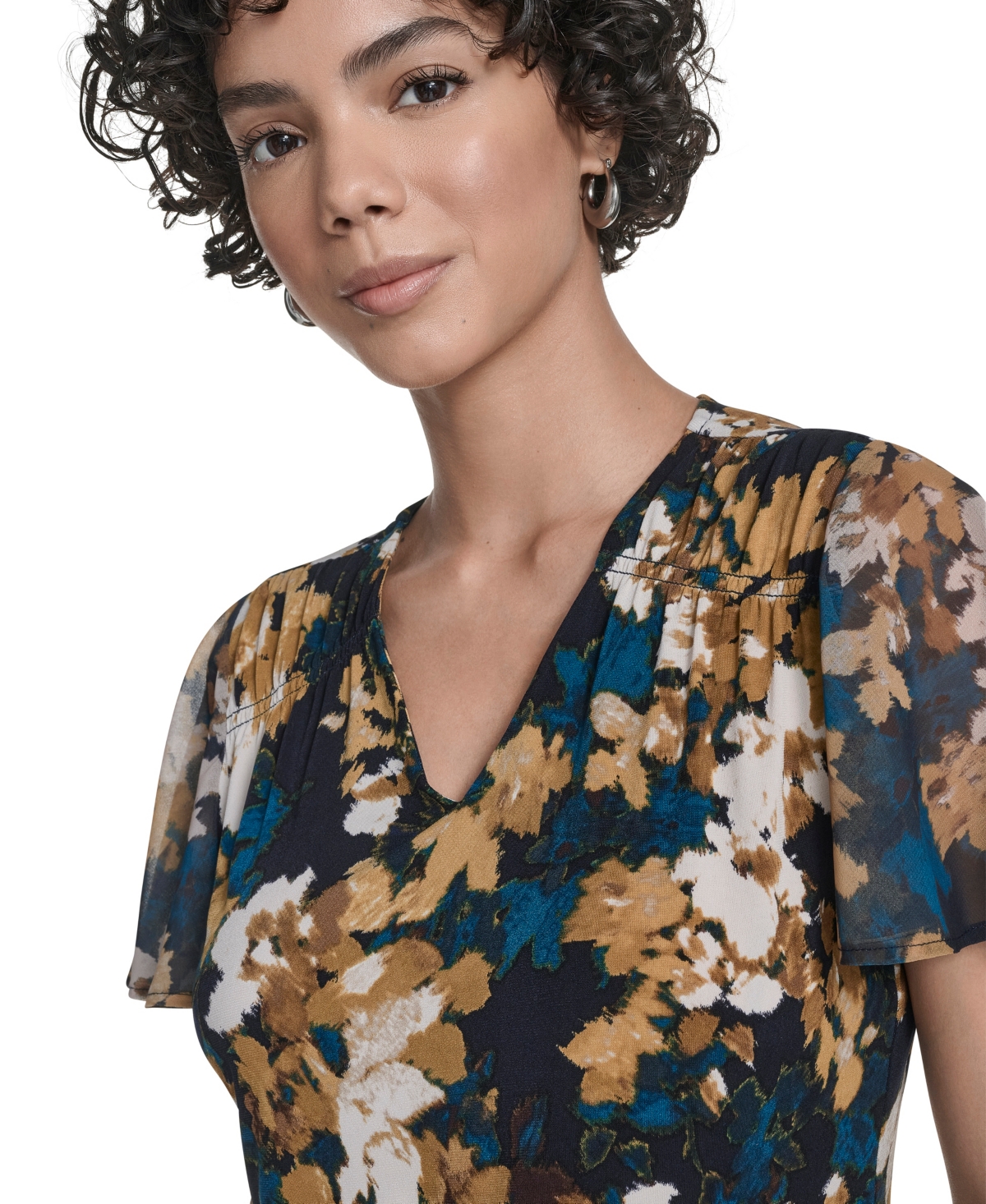 Calvin Klein Petite Printed V-neck Flutter Sleeve Top In Multi