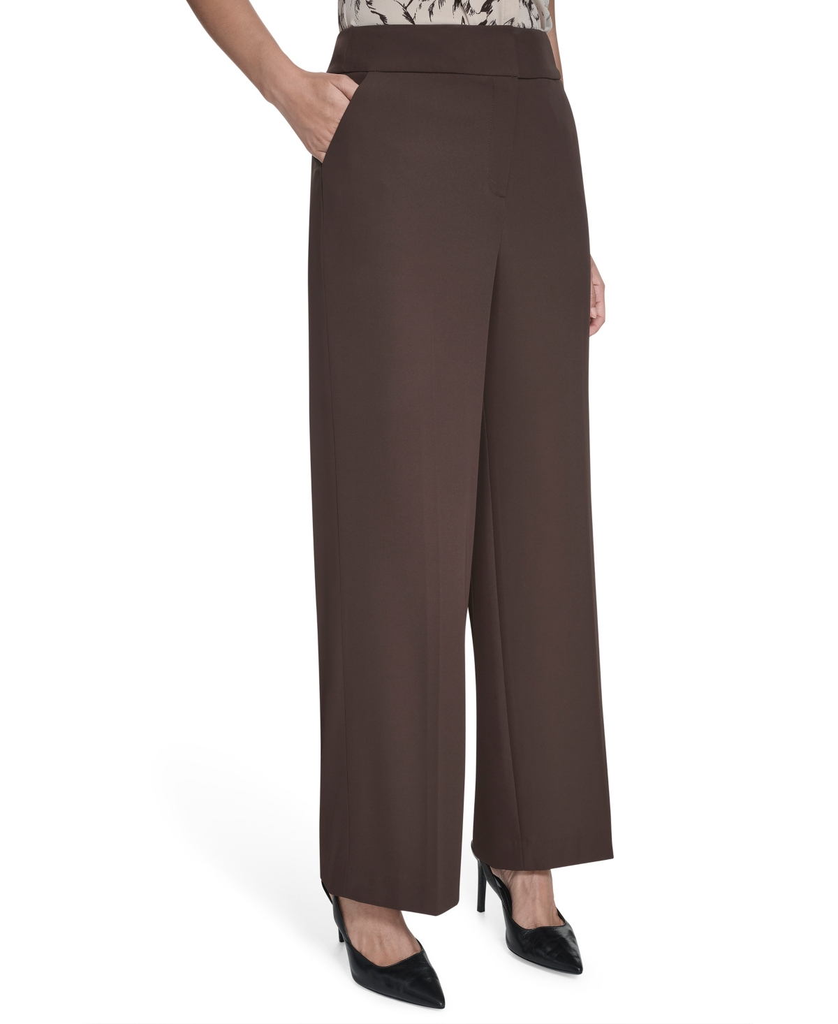 Calvin Klein Petite Solid Wide Leg Pants In Brown