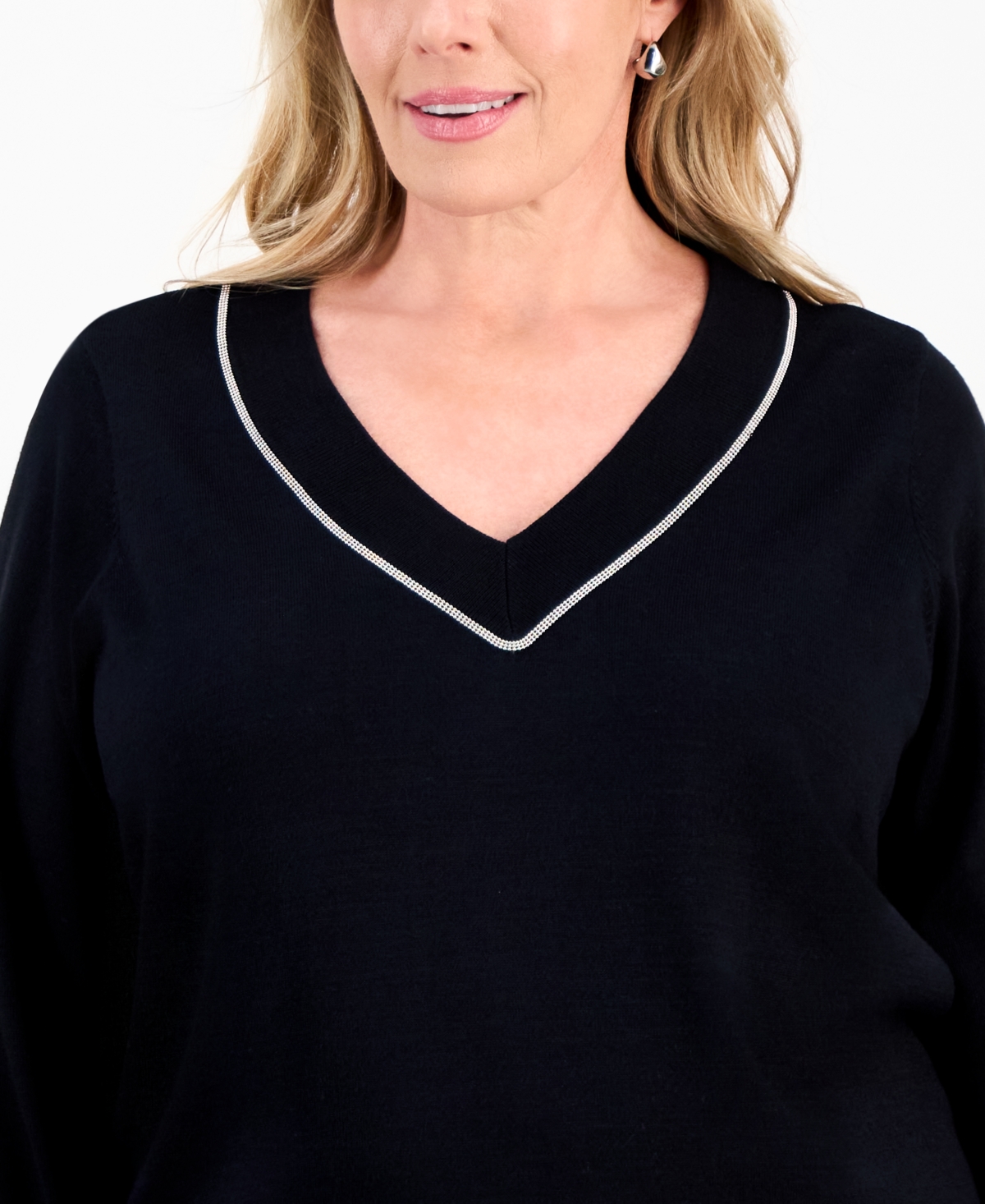 Jm Collection Plus Size Embellished V-neck Sweater, Macy's Exclusive In Black