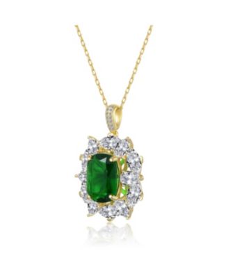 Sterling Silver 14k Gold Plated Green Cubic Zirconia Oval Halo Cluster Necklace