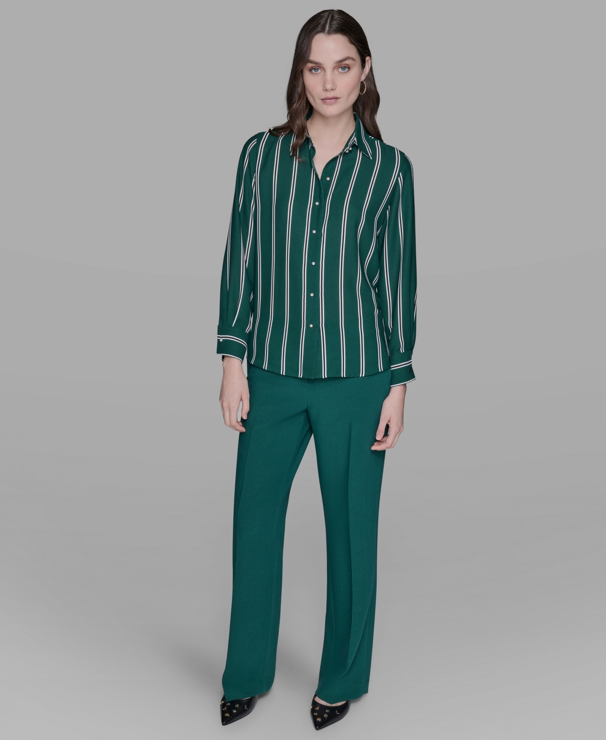 Karl Lagerfeld Women's Striped Faux-pearl Shirt In Green