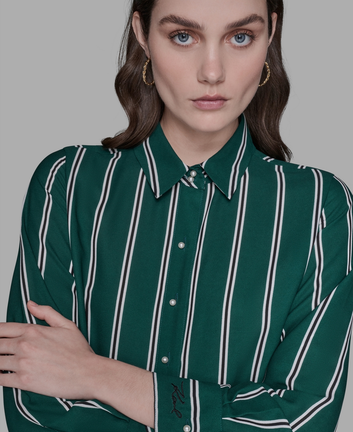 Karl Lagerfeld Women's Striped Faux-pearl Shirt In Green