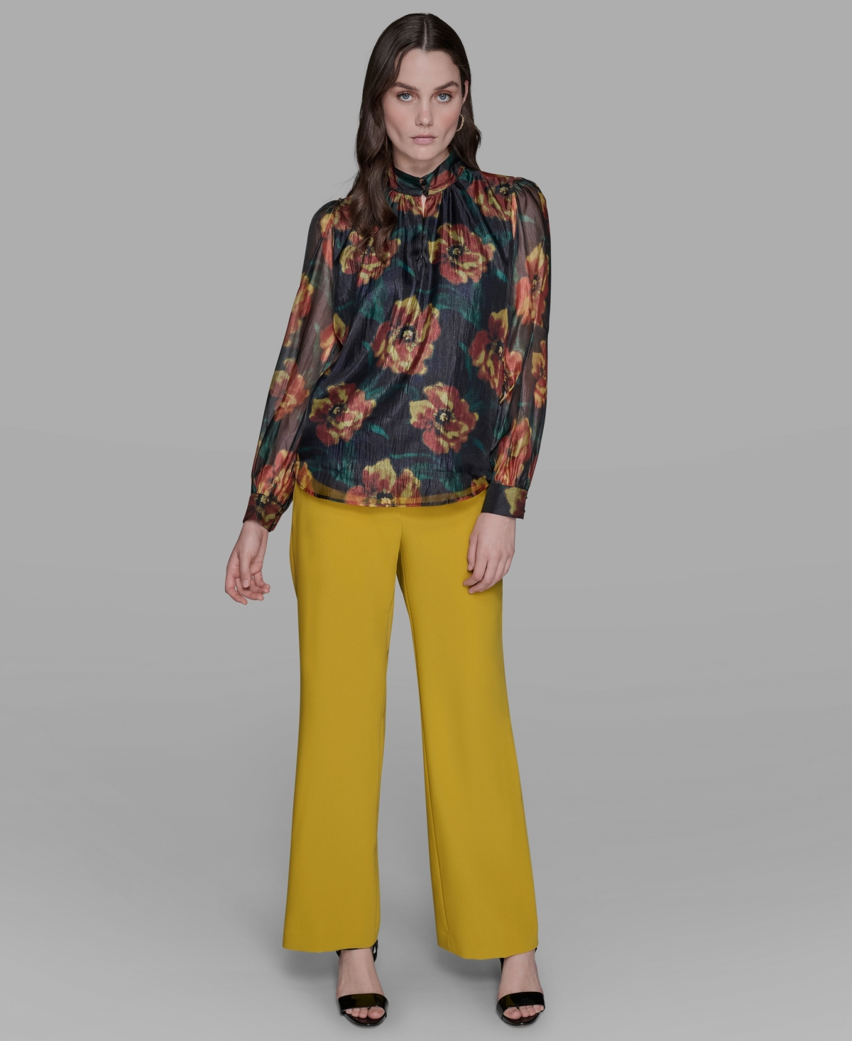 Karl Lagerfeld Women's Floral-print Mock-neck Blouse In Black