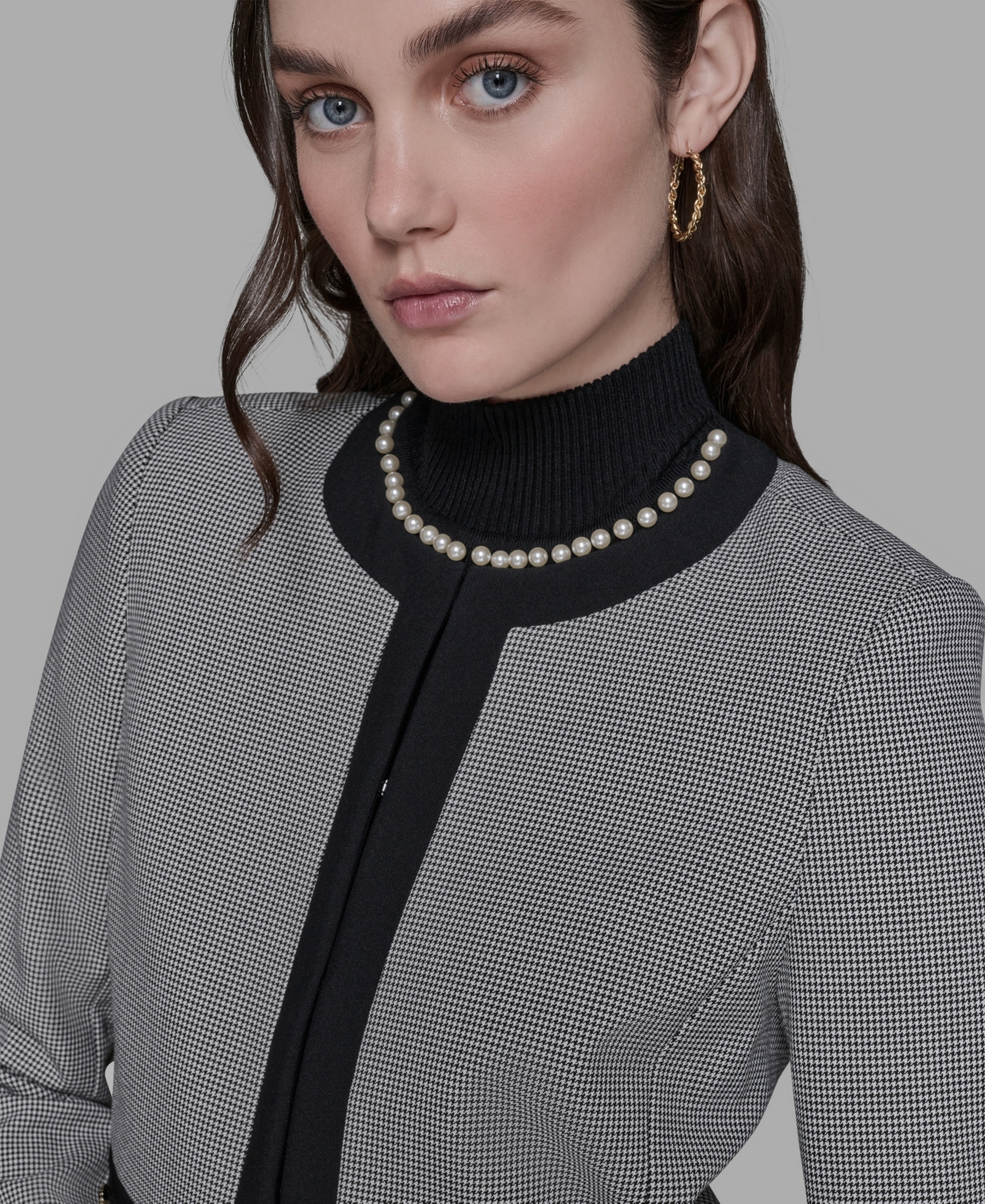 Karl Lagerfeld Womens Gingham Framed Jacket Pleated Skirt Bead Embellished Sleeveless Mock Neck Top In Gray