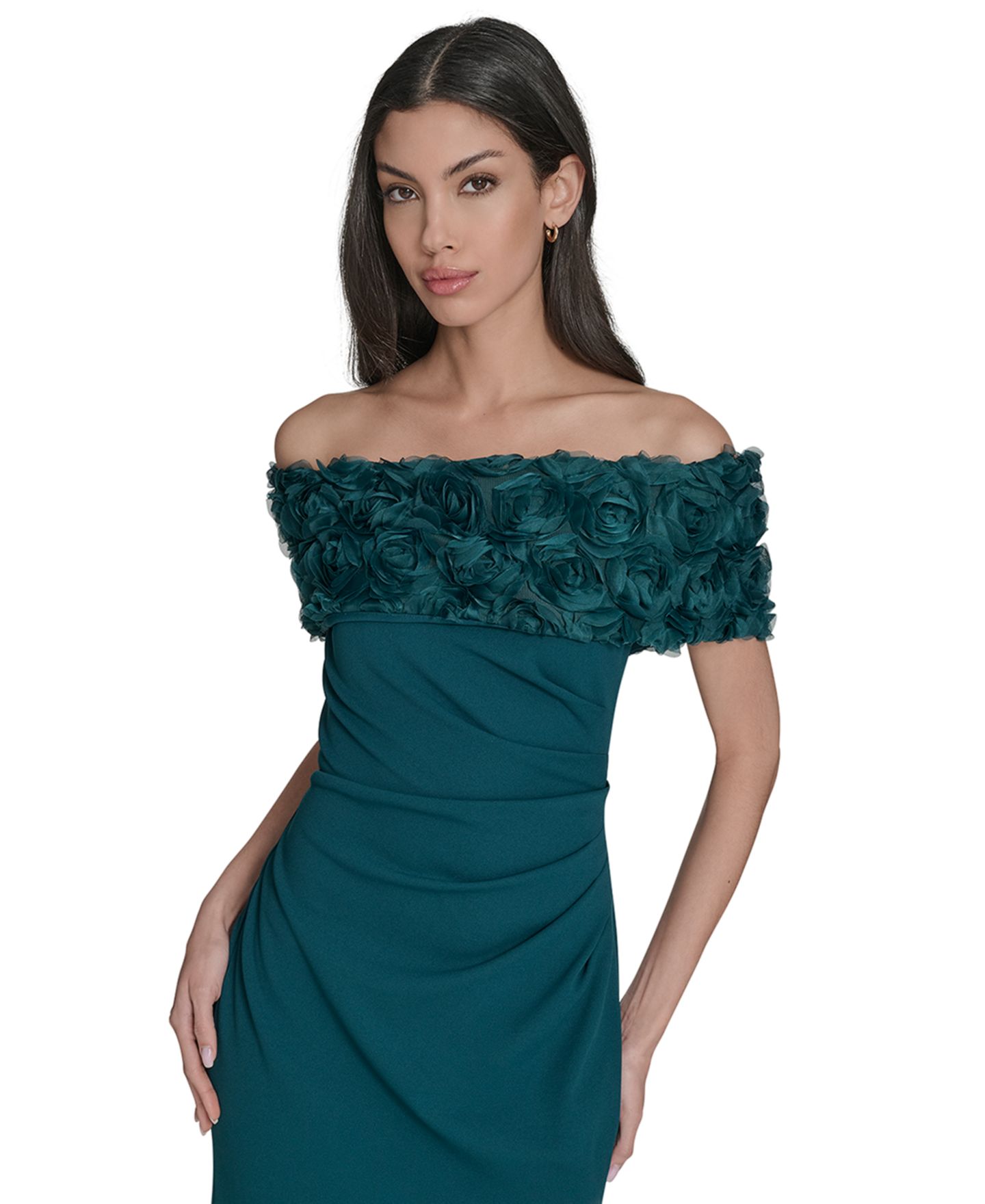 Женские платья Eliza J Off-The-Shoulder Side-Ruched Gown, цвет: Тёмно-зелёный — фото 3