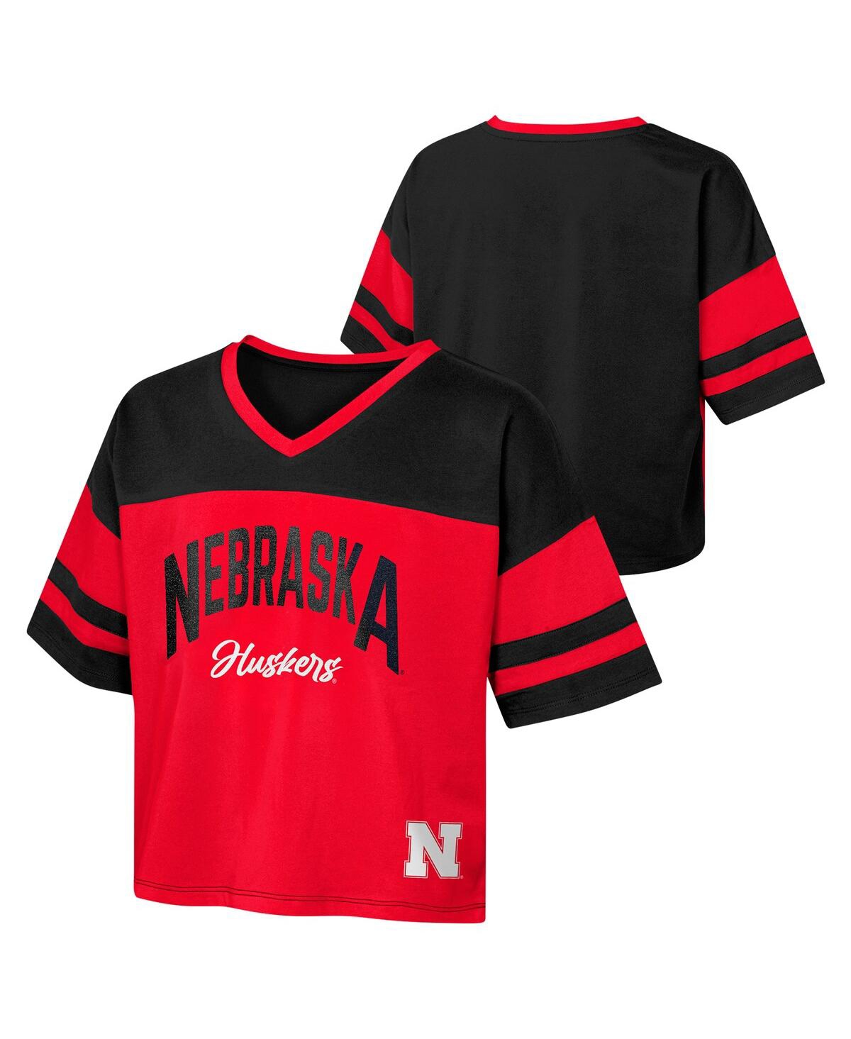 Outerstuff Girls Youth Scarlet Nebraska Huskers The Playmaker Sleeve Stripe V-neck Jersey T-shirt In Red
