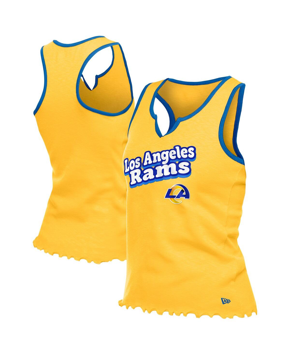 Women's Gold Los Angeles Rams Lettuce Hem Notch Neck Tri-Blend Tank Top - Gold
