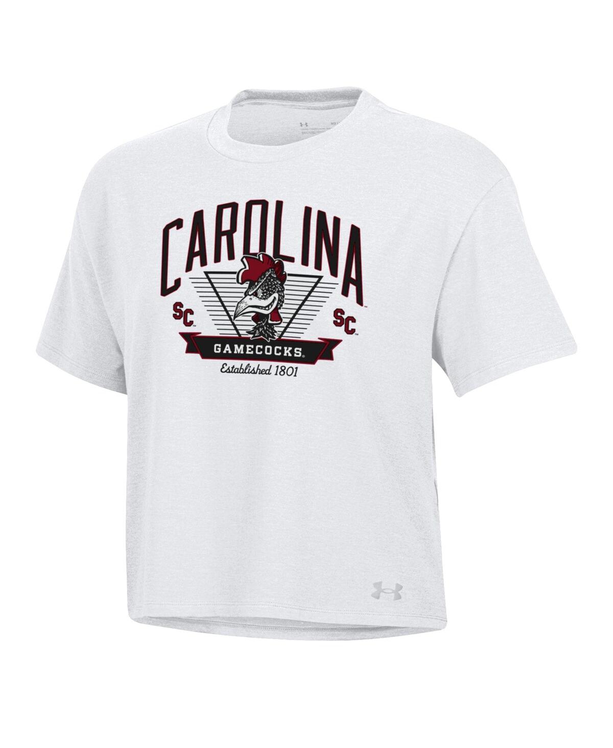 Under Armour Women's White South Carolina Gamecocks Essentials Icon Ultra-soft Tri-blend Boxy Cropped T-shirt In White