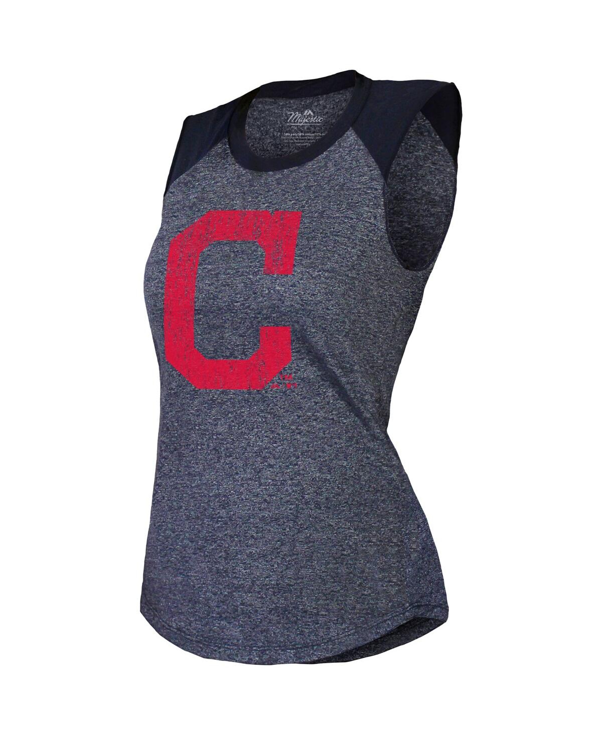 Majestic Threads Women's Navy Cleveland Indians Tri-blend Raglan Muscle Tank Top In Blue