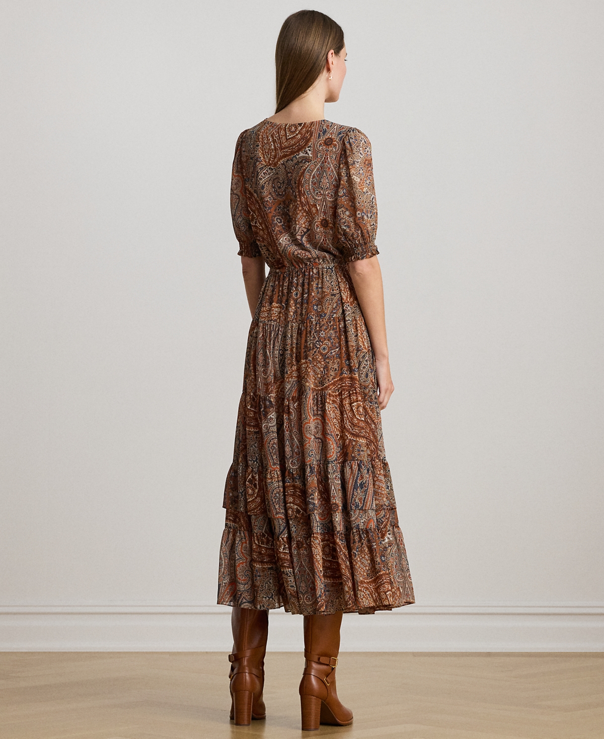 Lauren Ralph Petite Paisley Belted Crinkle Georgette A-Line Dress