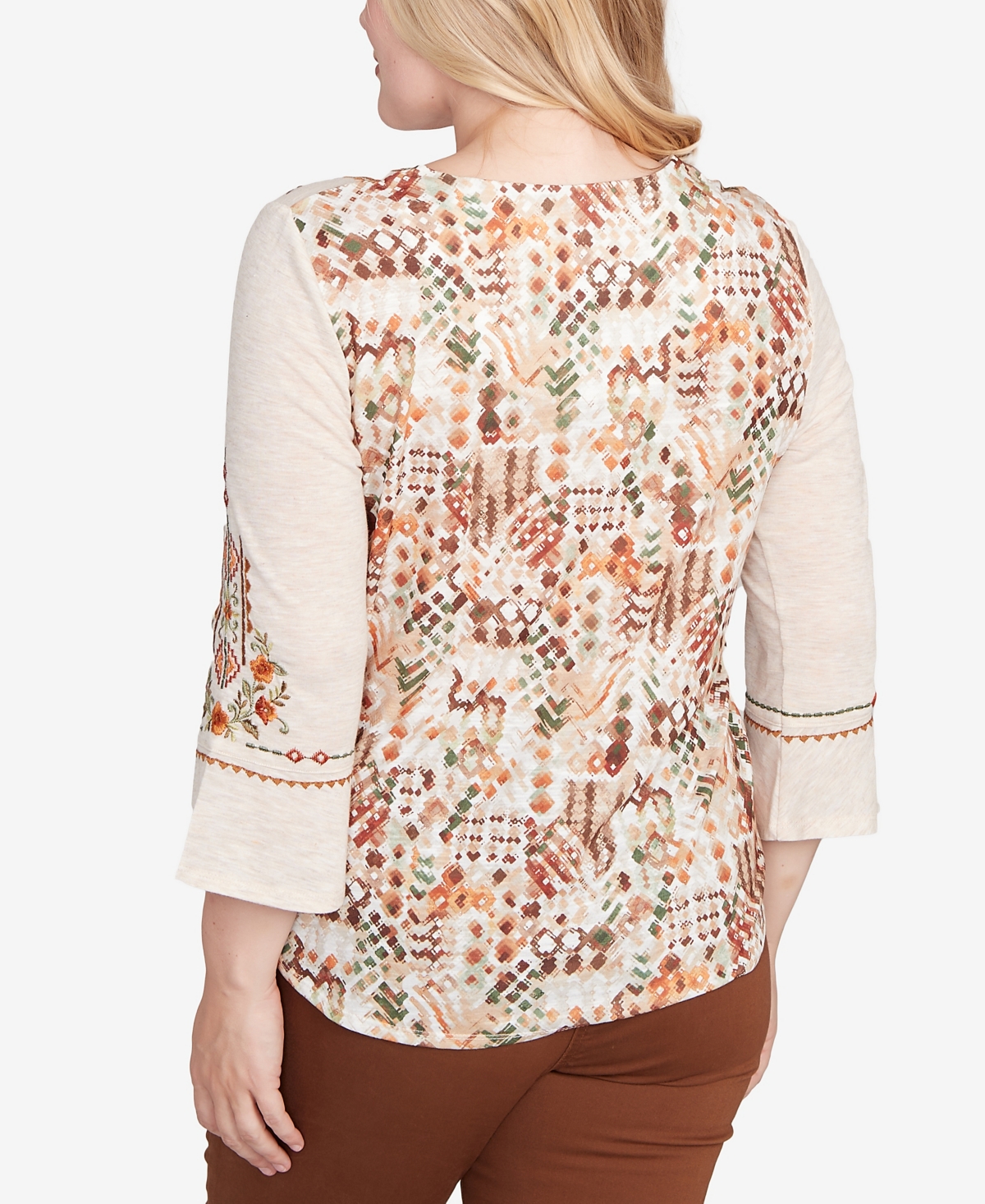 Alfred Dunner Petite Geometric Floral Embroidery Top In Brown