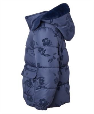 Toddler and Little Girls Flocked Floral Puffer Jacket