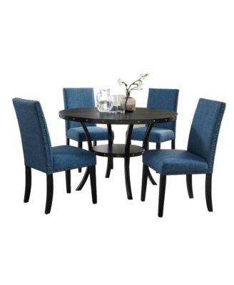 Biony Espresso Wood Dining Set with Blue Fabric Nailhead Chairs, 5-Pc