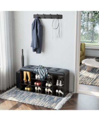 Shoe Bench, Ten Cubbies Storage Entryway Bench with PU Leather, Black